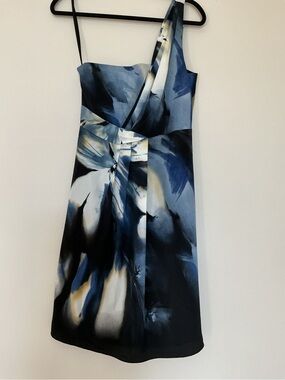 Tahari One Shoulder Sheath Cocktail Dress Floral Blue Black White Size 8